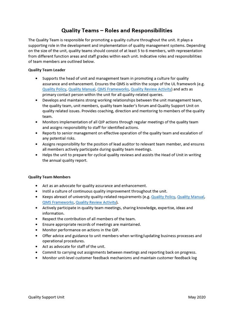 Quality Team Roles and Responsibilities | PDF | Auditor's Report | Audit