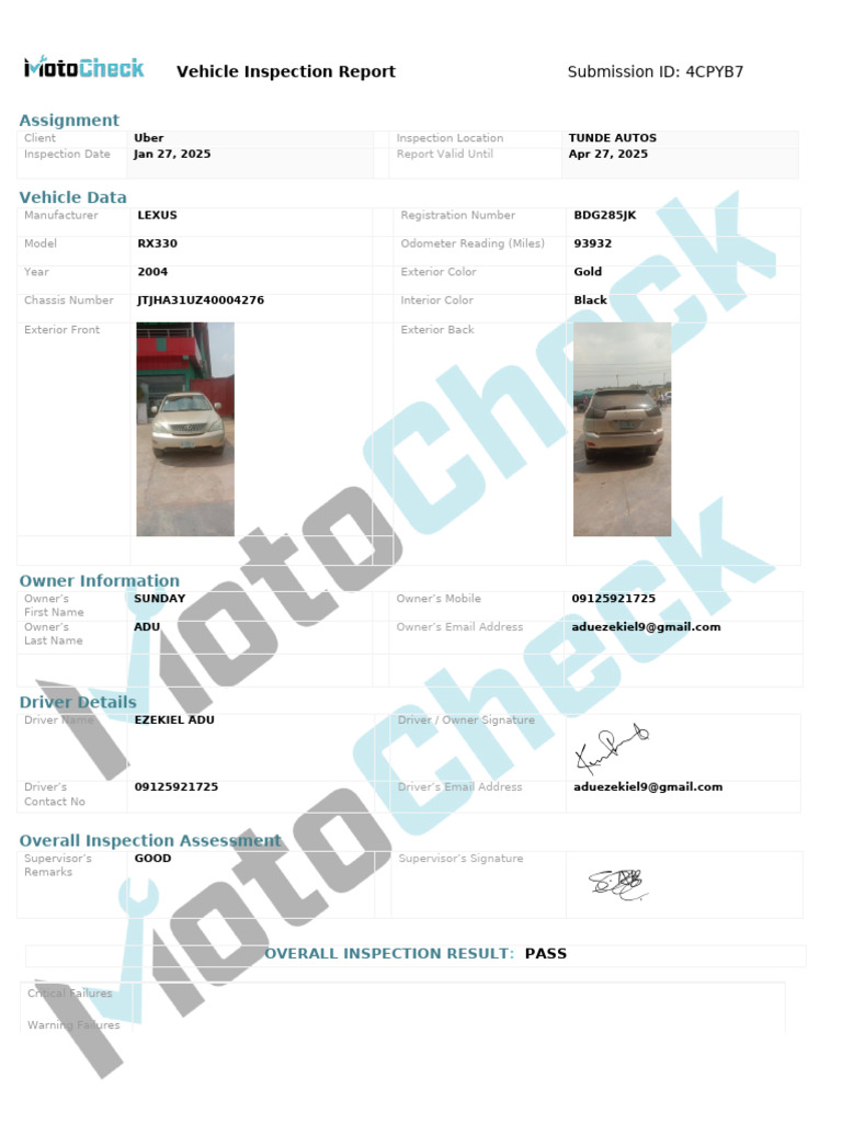 Uber Vehicle Inspection Report 2025 | PDF