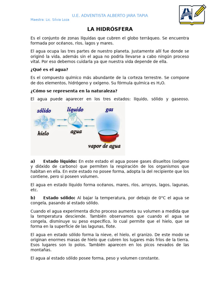 La Hidrosfera: Propiedades y Ciclo del Agua | PDF | Agua | Vapor de agua