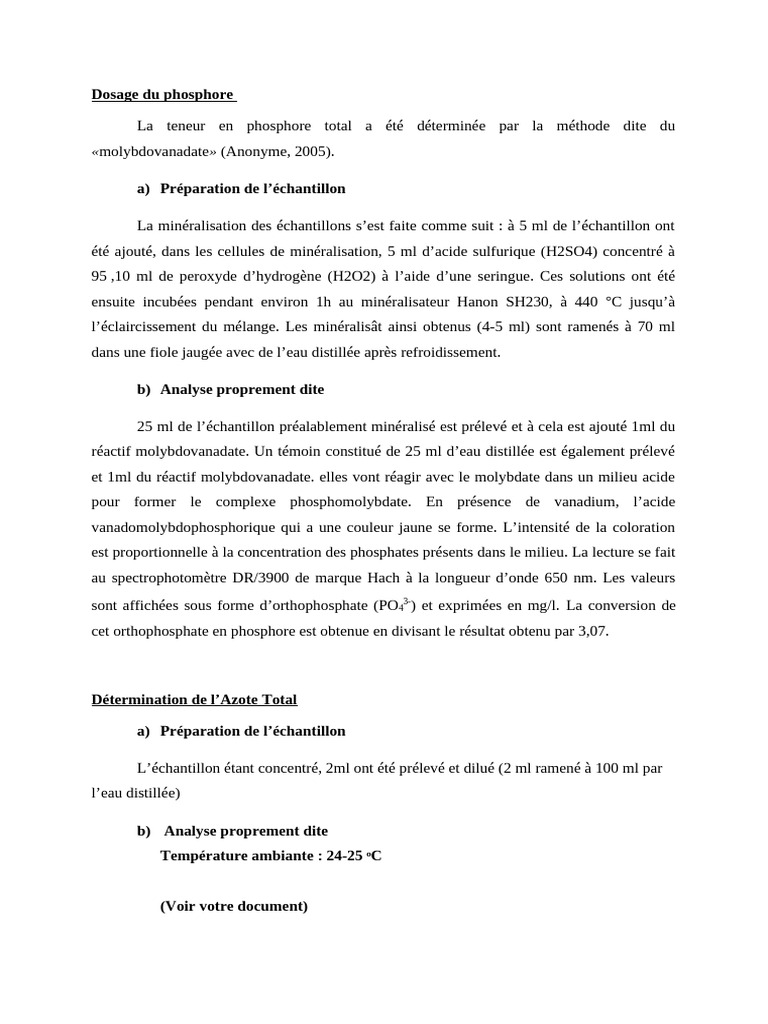 Dosage du phosphore par spectrophotométrie PDF — free download