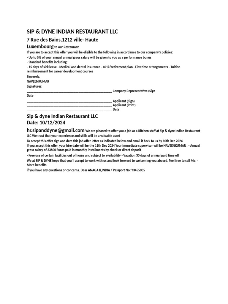 Job Offer for Kitchen Staff at Sip & Dyne | PDF