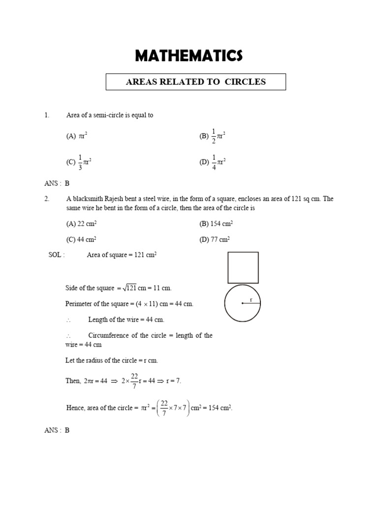 Circle Area Calculations for Class 8 ICSE | PDF | Area | Circle