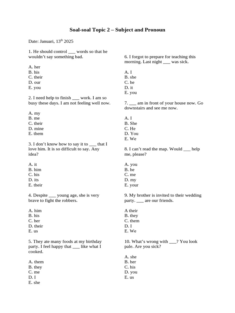 Subject and Pronoun Exercises | PDF