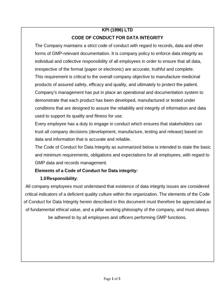 Data Integrity Code of Conduct | PDF | Integrity | Data