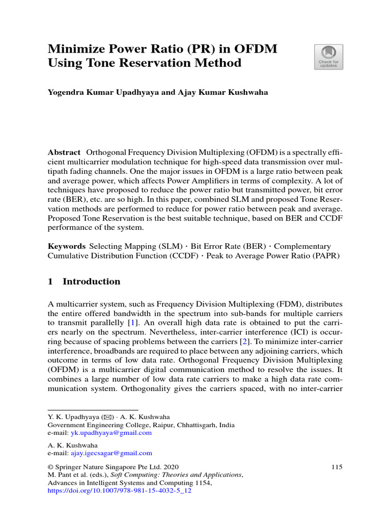 Minimize Power Ratio (PR) in OFDM Using Tone Reservation Method-1 | PDF