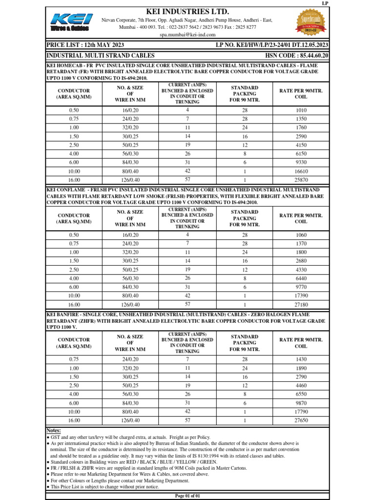 KMI Wire Price List - May 2023 | PDF | Electrical Conductor | Wire