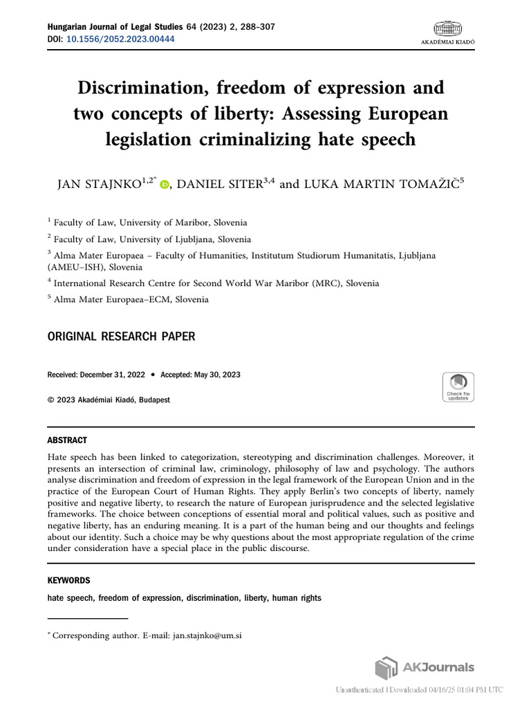 Freedom of Expression and Two Concepts of Liberty European Legislation ...