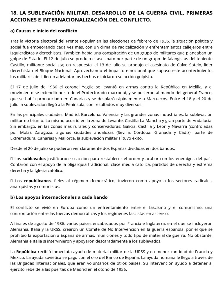 La Sublevación Militar. Desarrollo de La Guerra Civil, Primeras ...
