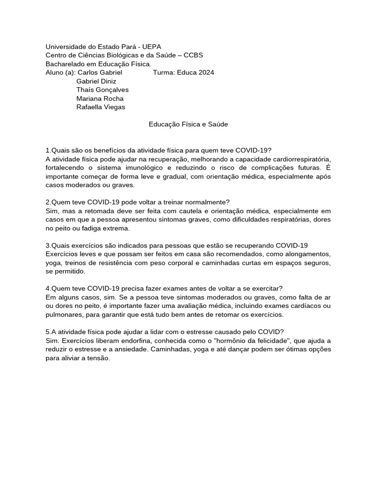 Educação Física e Saúde (Perguntas Elaboradas) | PDF