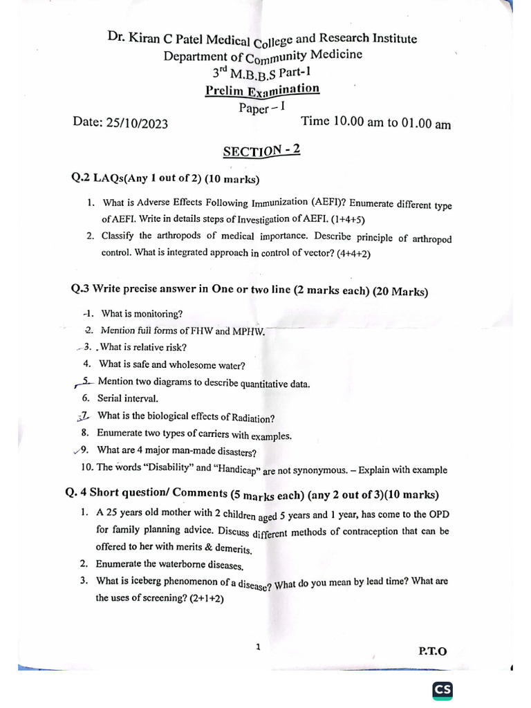 Kmcri Prelims 3rd Yr | PDF