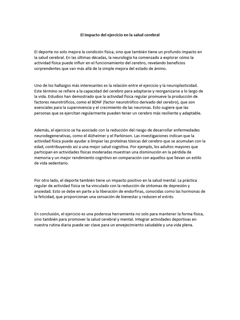 El Impacto Del Ejercicio en La Salud Cerebral | PDF