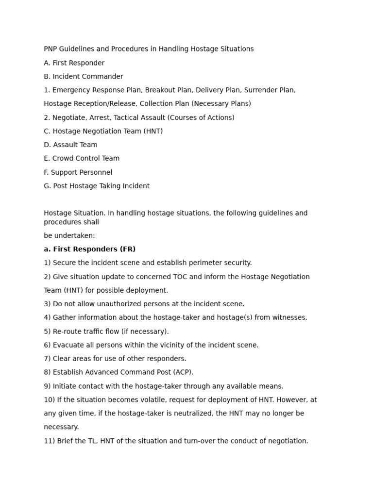 PNP Hostage Situation Guidelines | PDF | Crime Scene | Negotiation