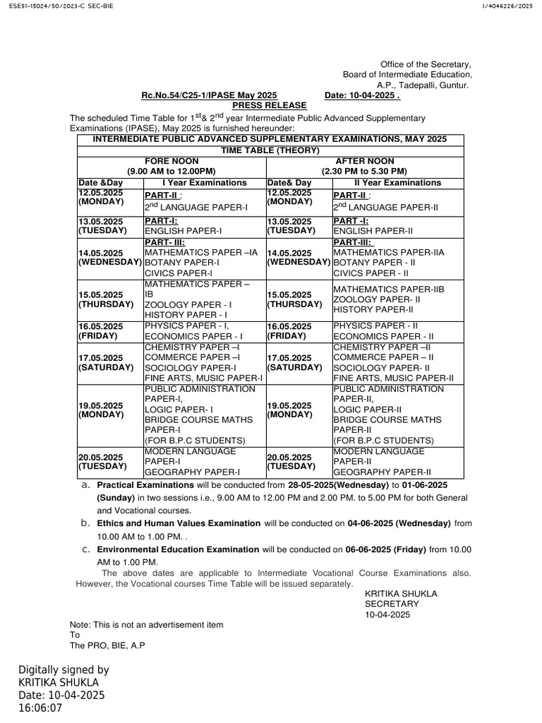 Press Release of Time Table of IPASE 2025 | PDF