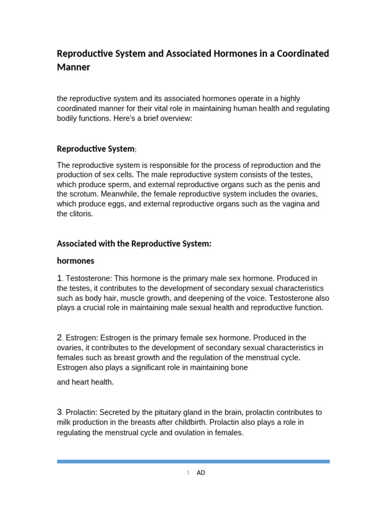 Reproductive System and Associated Hormones in A Coordinated Manner | PDF