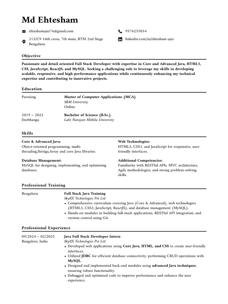 MD Ehtesham Resume 2 | PDF | Java (Programming Language) | My Sql