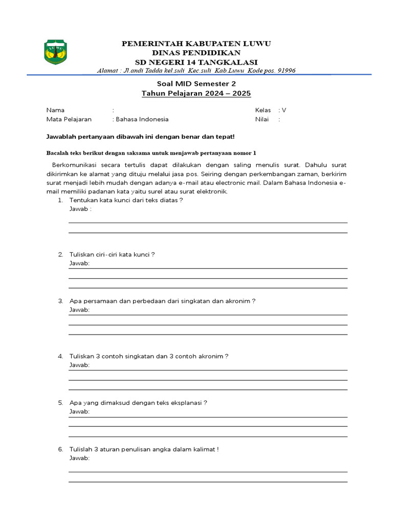 Soal MID Semester 2 Kelas V SDN 14 | PDF