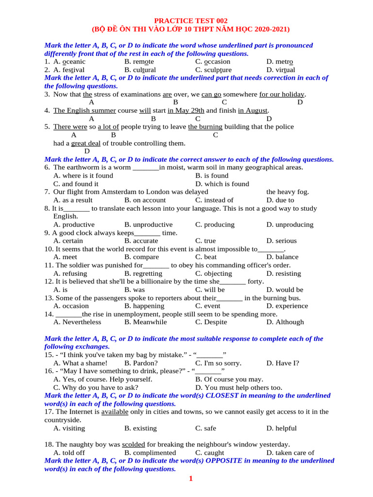 Practice Test 002.2020 | PDF | Bullying