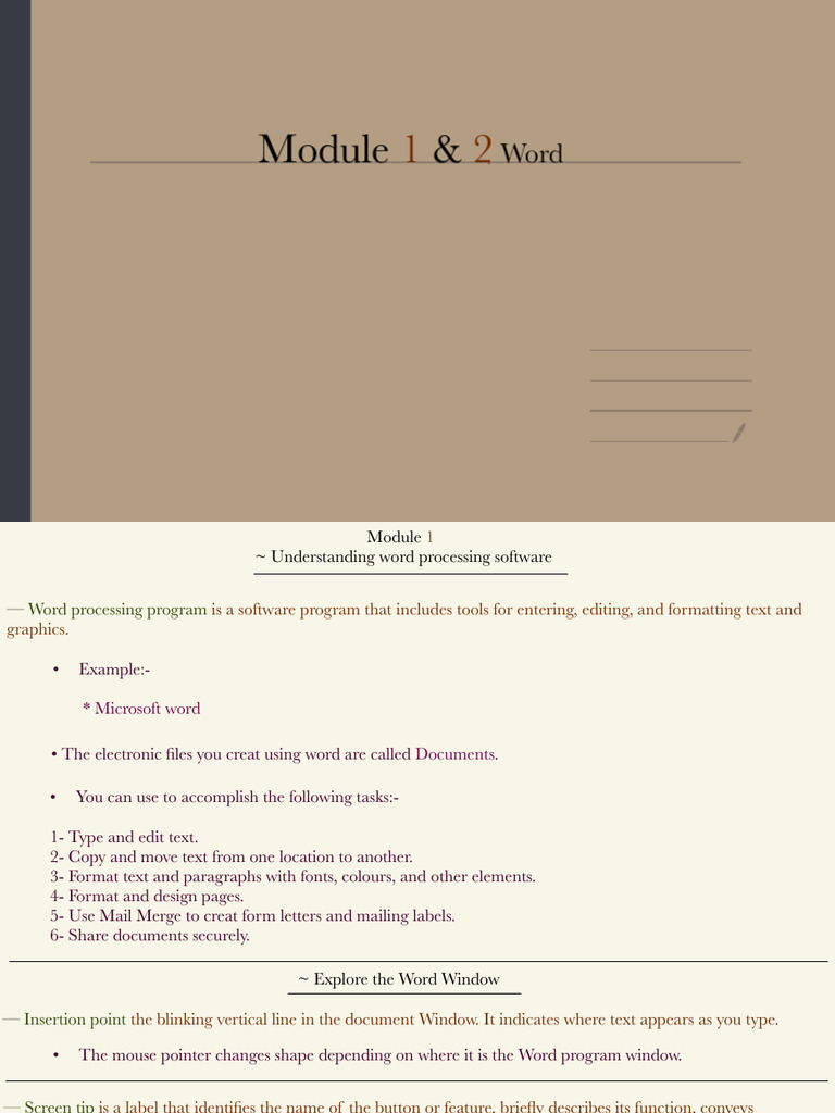 Word Processing Basics: Modules 1 & 2 | PDF | Microsoft Word | Window ...