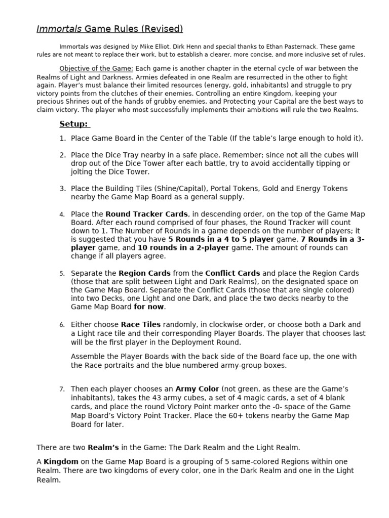 Immortals Game Rules Overview | PDF | Dice