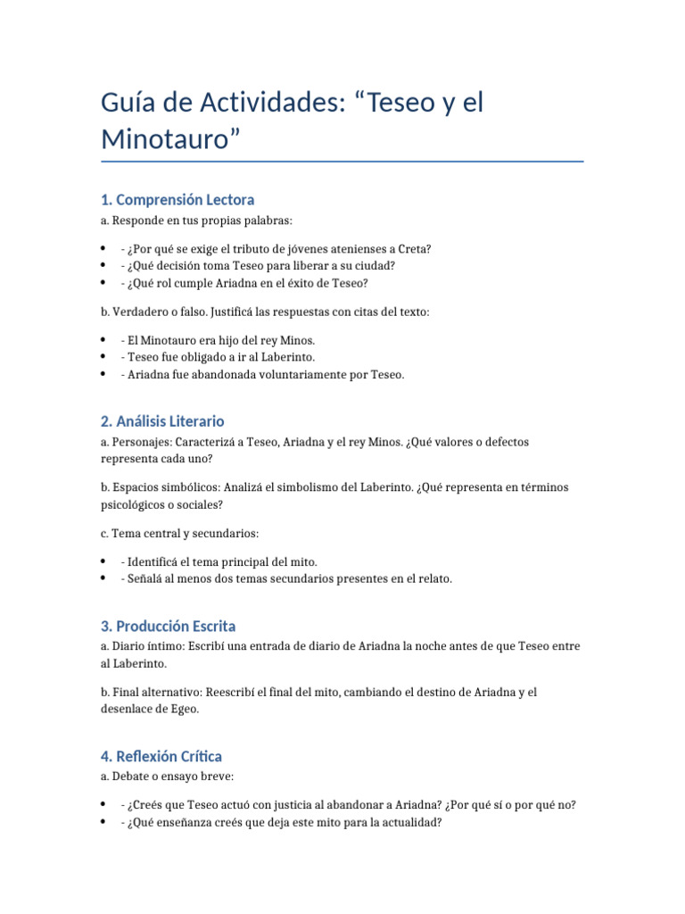 Actividades sobre Teseo y el Minotauro | PDF | Minotauro | Teseo