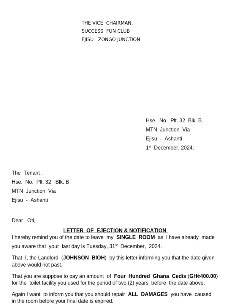 Tenant Ejection Notices Ejisu Ashanti | PDF | Landlord | Environmental Law