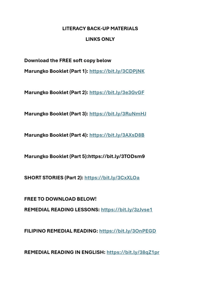 Literacy Back-Up Material For Easy Level | PDF