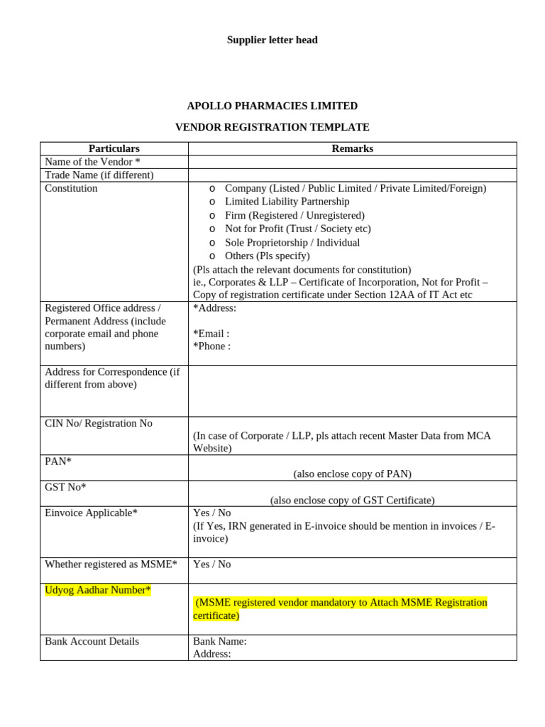 Apollo Pharmacy Vendor Registration Form | PDF | Limited Liability ...