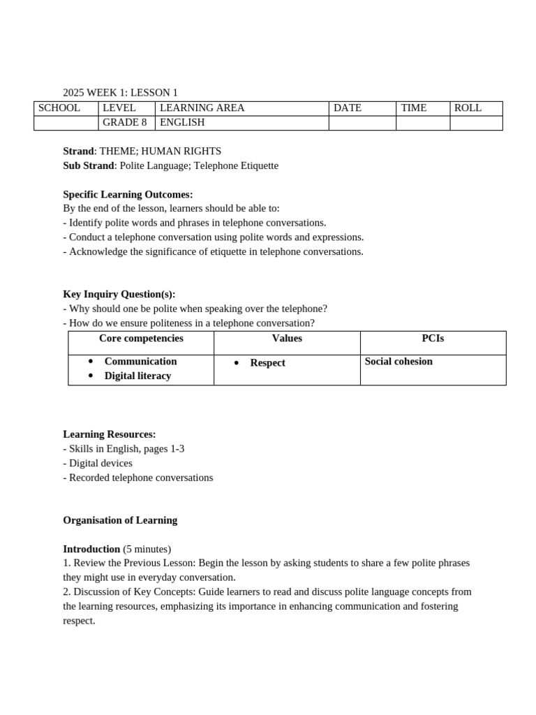 Grade 8 English Lesson Plans: Week 1 | PDF | Learning | Vocabulary