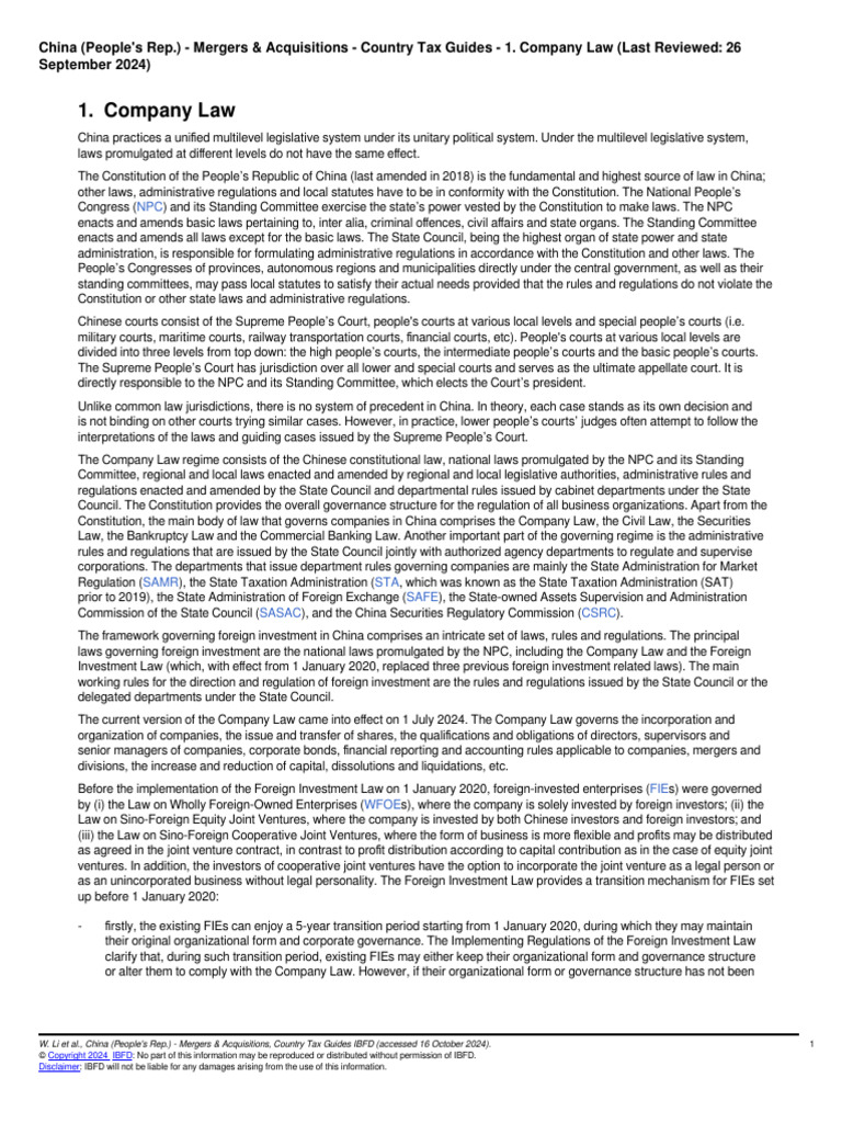 China Company Law Overview 2024 | PDF | Mergers And Acquisitions ...