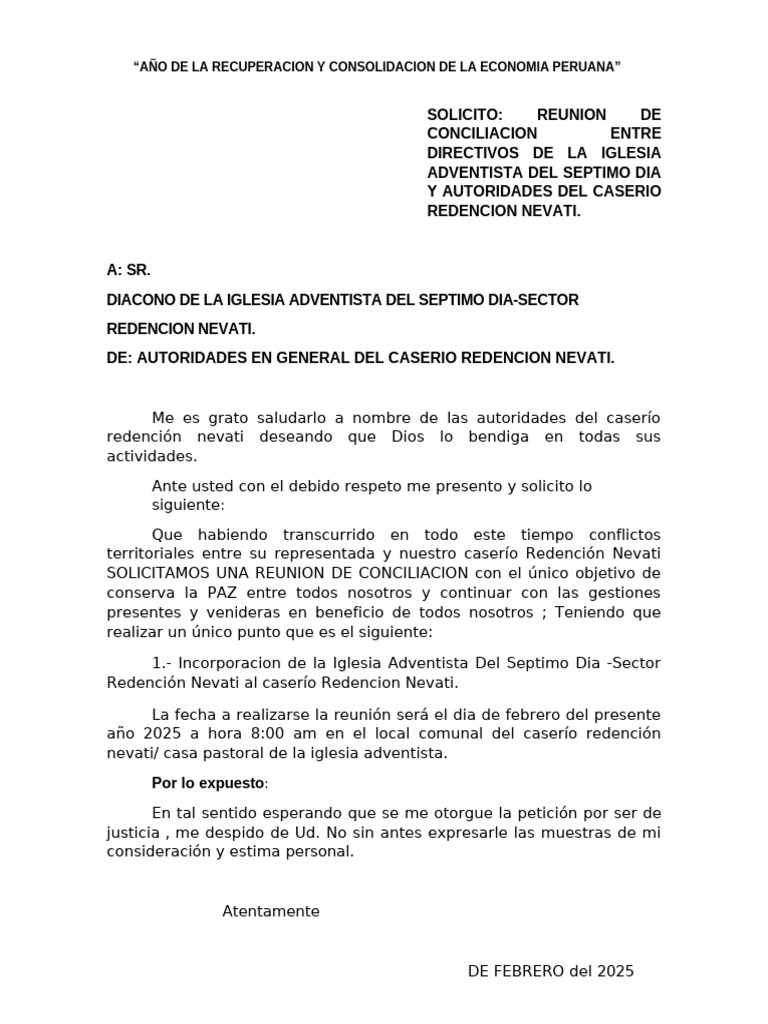 Solicitud de Reunión de Conciliación en Redención Nevati | PDF
