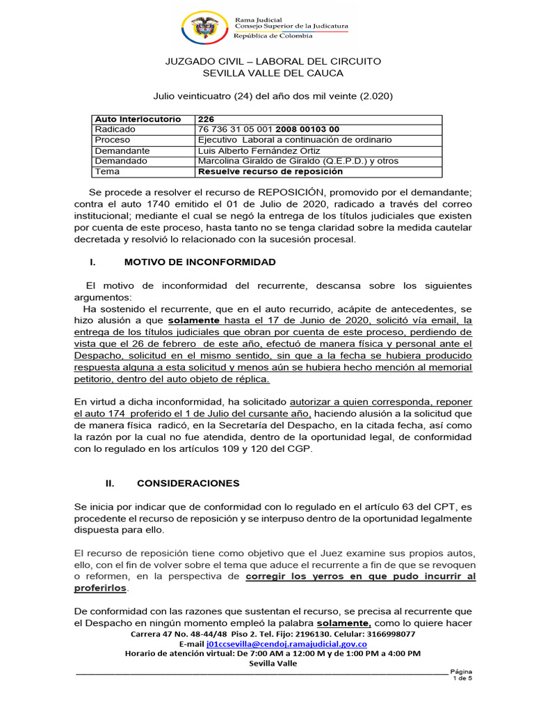 2008-00103 Resuelve Recurso de Reposición | PDF | Justicia | Crimen y ...