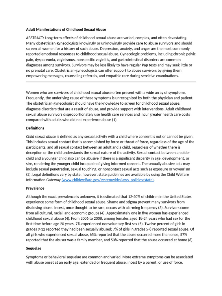 Adult Manifestations of Childhood Sexual Abuse | PDF | Child Abuse ...