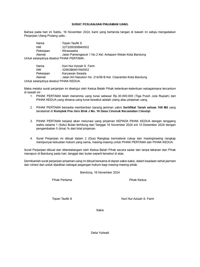 Surat Perjanjian Pinjaman Uang 2024 | PDF