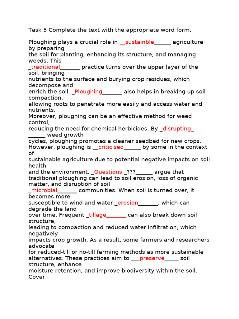 Task 5 Complete The Text With The Appropriate Word Form | PDF | Soil | Weed