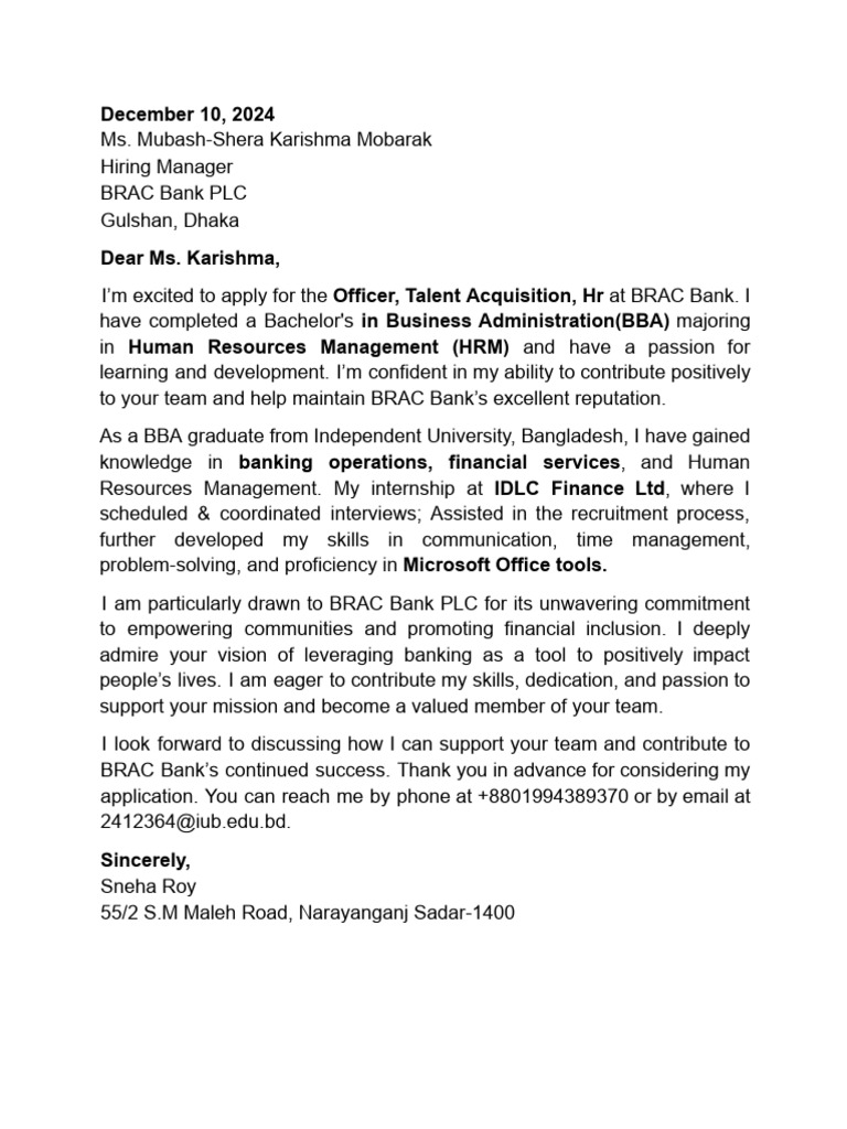 Cover Letter for BRAC Bank HR Officer | PDF