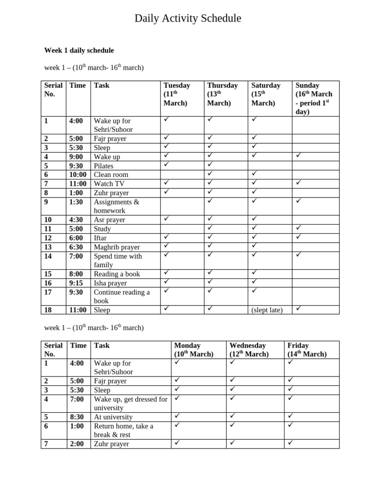 Weekly Activity Schedule Overview | PDF