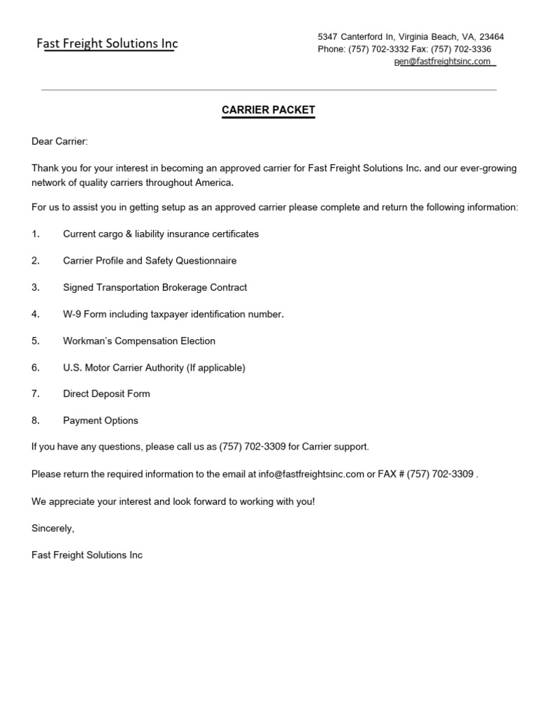Carrier Packet for Fast Freight Solutions | PDF | Indemnity | Cargo