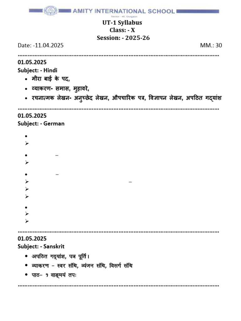 B4e72 - Syllabus UT-1 - X - 2025-26 | PDF | Linguistics