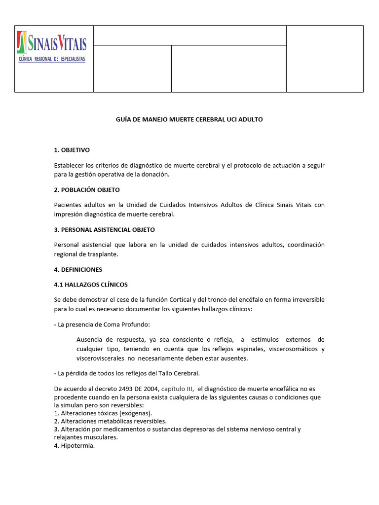 Diagnóstico de Muerte Cerebral y Donación | PDF | Medicina CLINICA ...