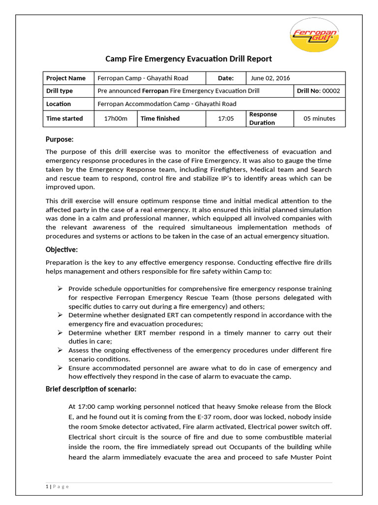 Fire Drill Report: Ferropan Camp 2016 | PDF | Firefighting | Emergency