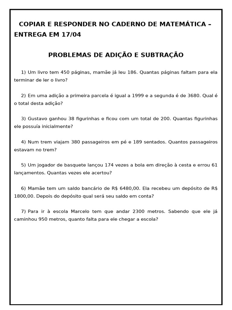 Problemas de Adição e Subtração 4º Ano | PDF