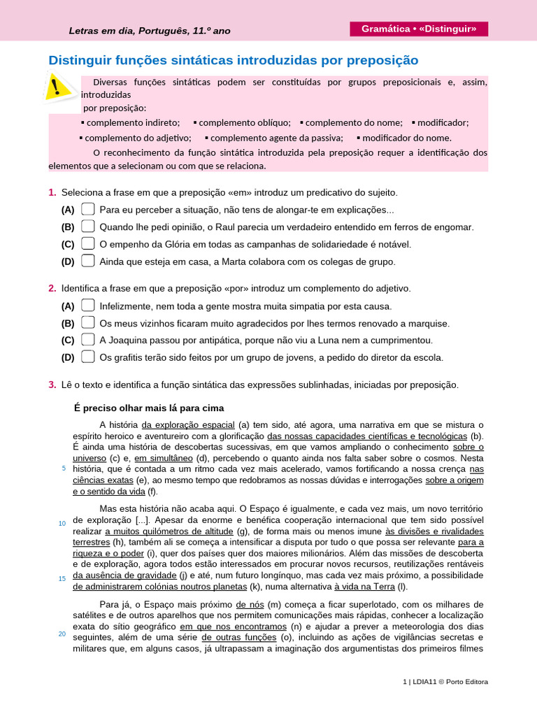 Ldia11 Gramatica Distinguir Funcoes Sintaticas Preposicao | PDF ...