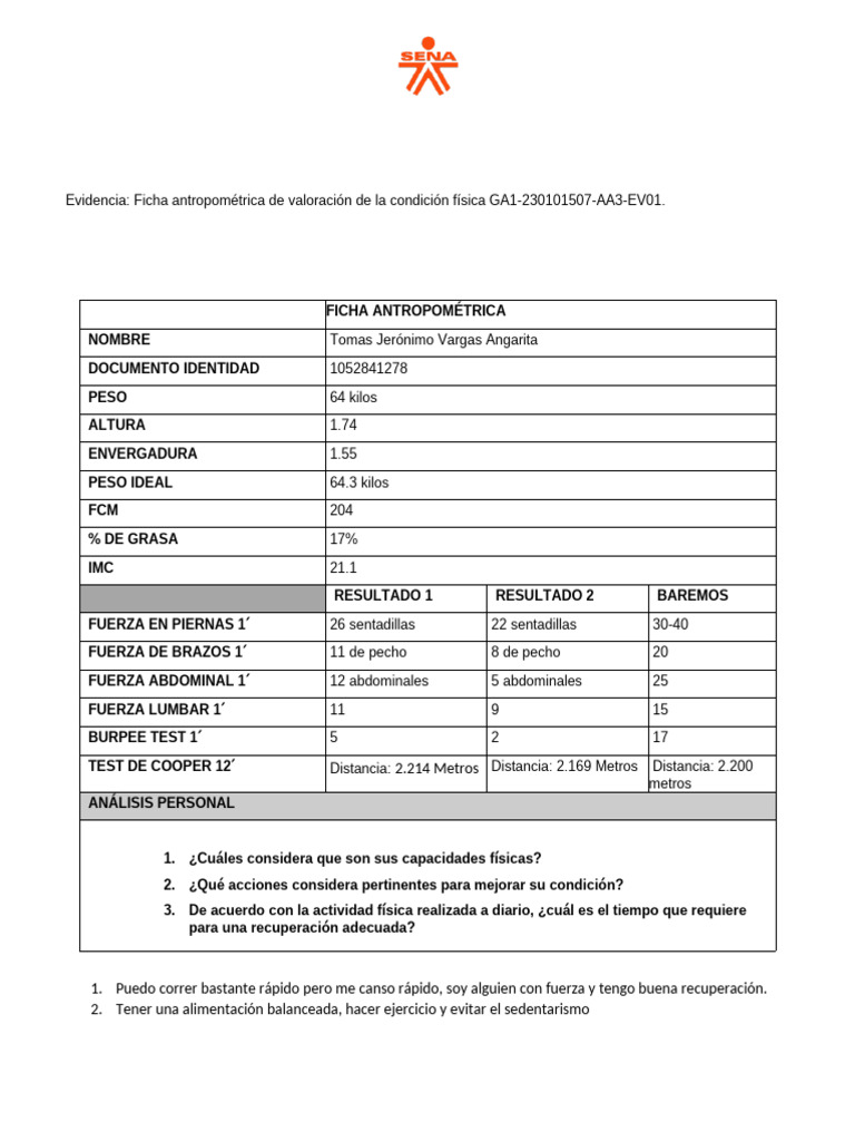 Ficha Antropométrica de Valoración de La Condición Física GA1-230101507 ...