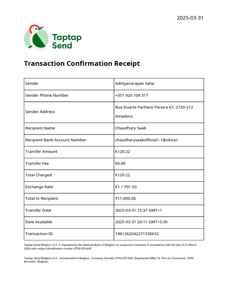 Transaction Confirmation Receipt - €120.22 Transfer | PDF