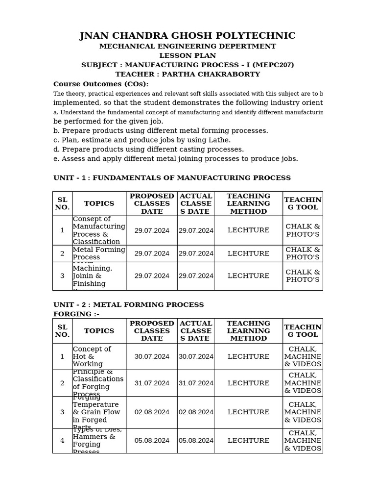 Manufacturing Processes Lesson Plan | PDF | Engineering Tolerance ...