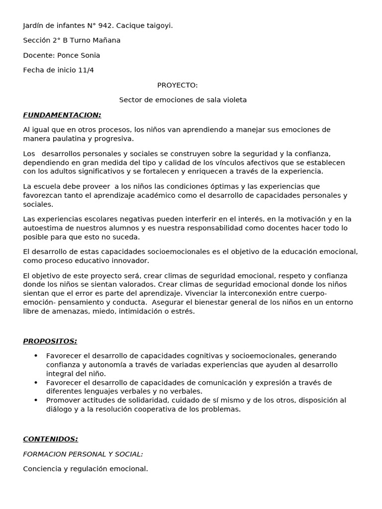 Proyecto de Educación Emocional Infantil | PDF | Las emociones ...