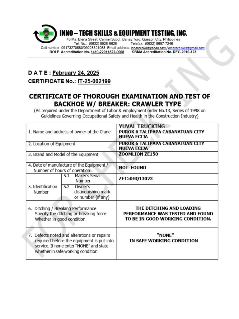 Backhoe Inspection Certificate 2025 | PDF | Mechanical Engineering ...