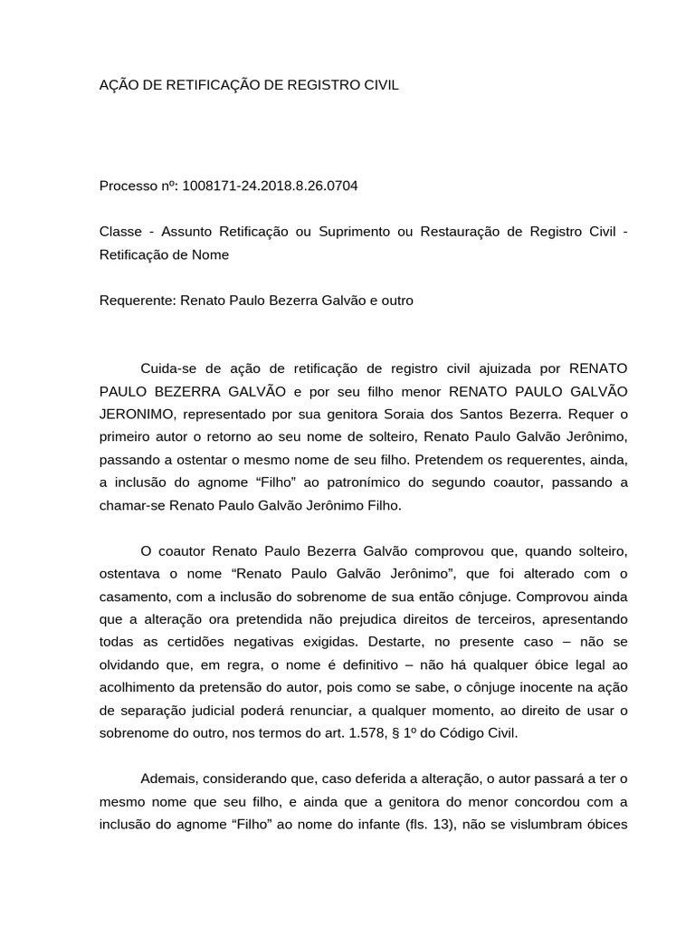 Retificação de Registro Civil: Nome e Agnome | PDF | Sentença (jurídico ...