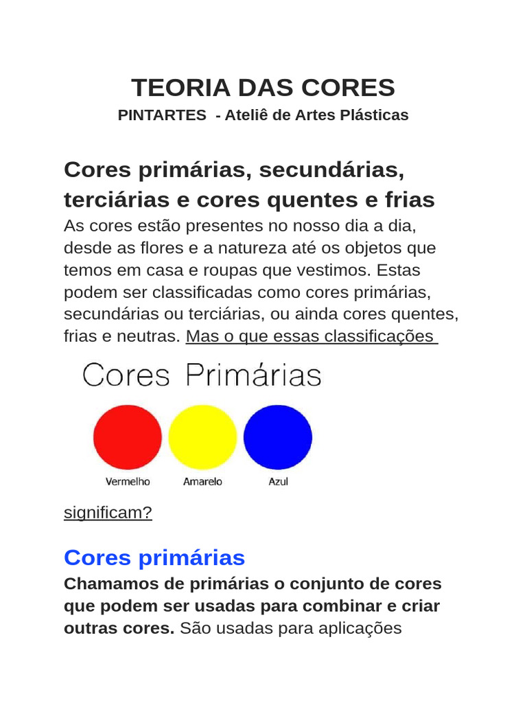 Classificação das Cores: Primárias e Secundárias | PDF