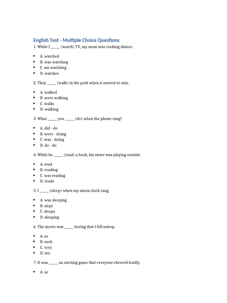 English Grammar Multiple Choice Test | PDF